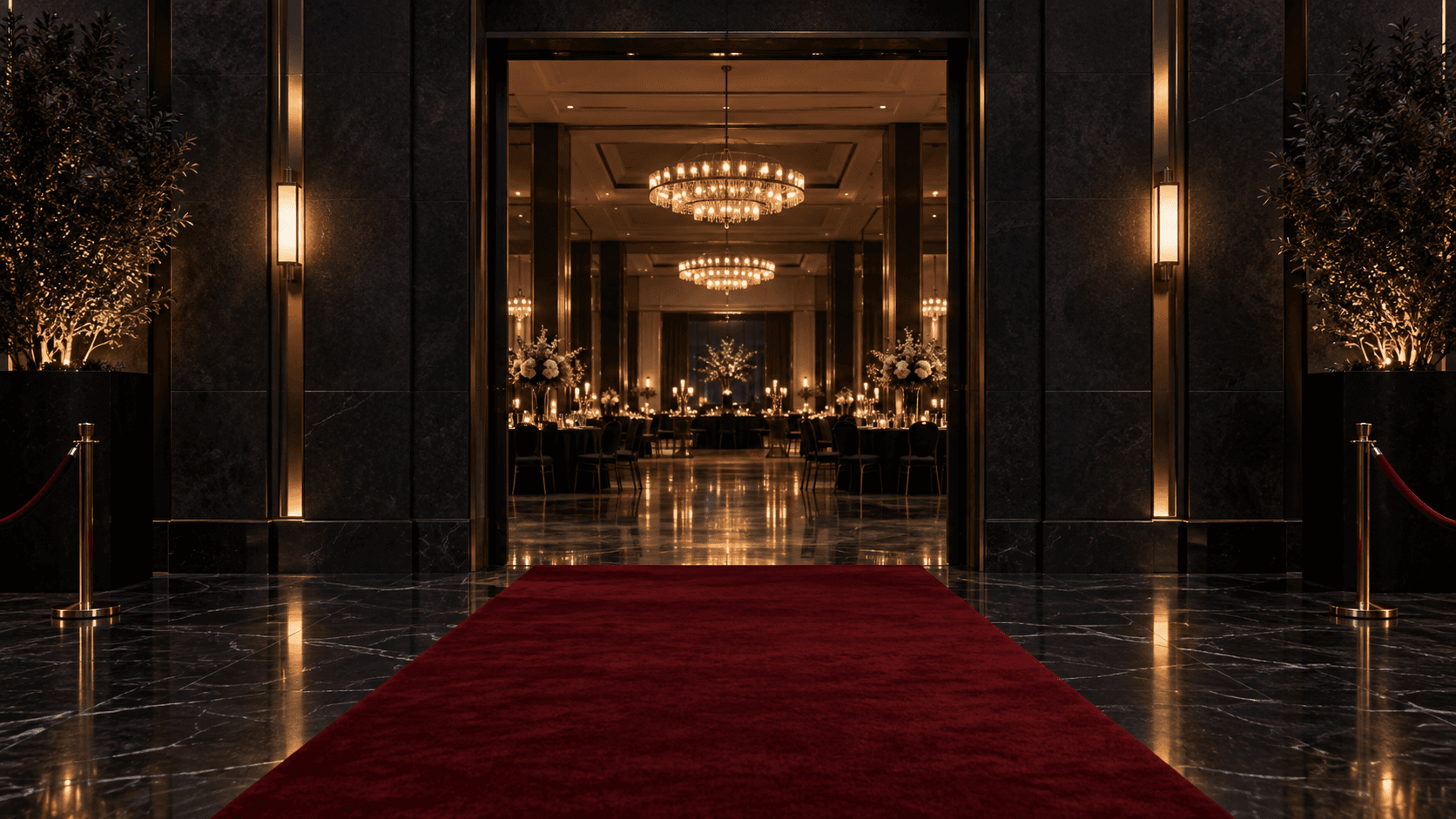 A red carpet leading through dark doors into an illuminated reception.