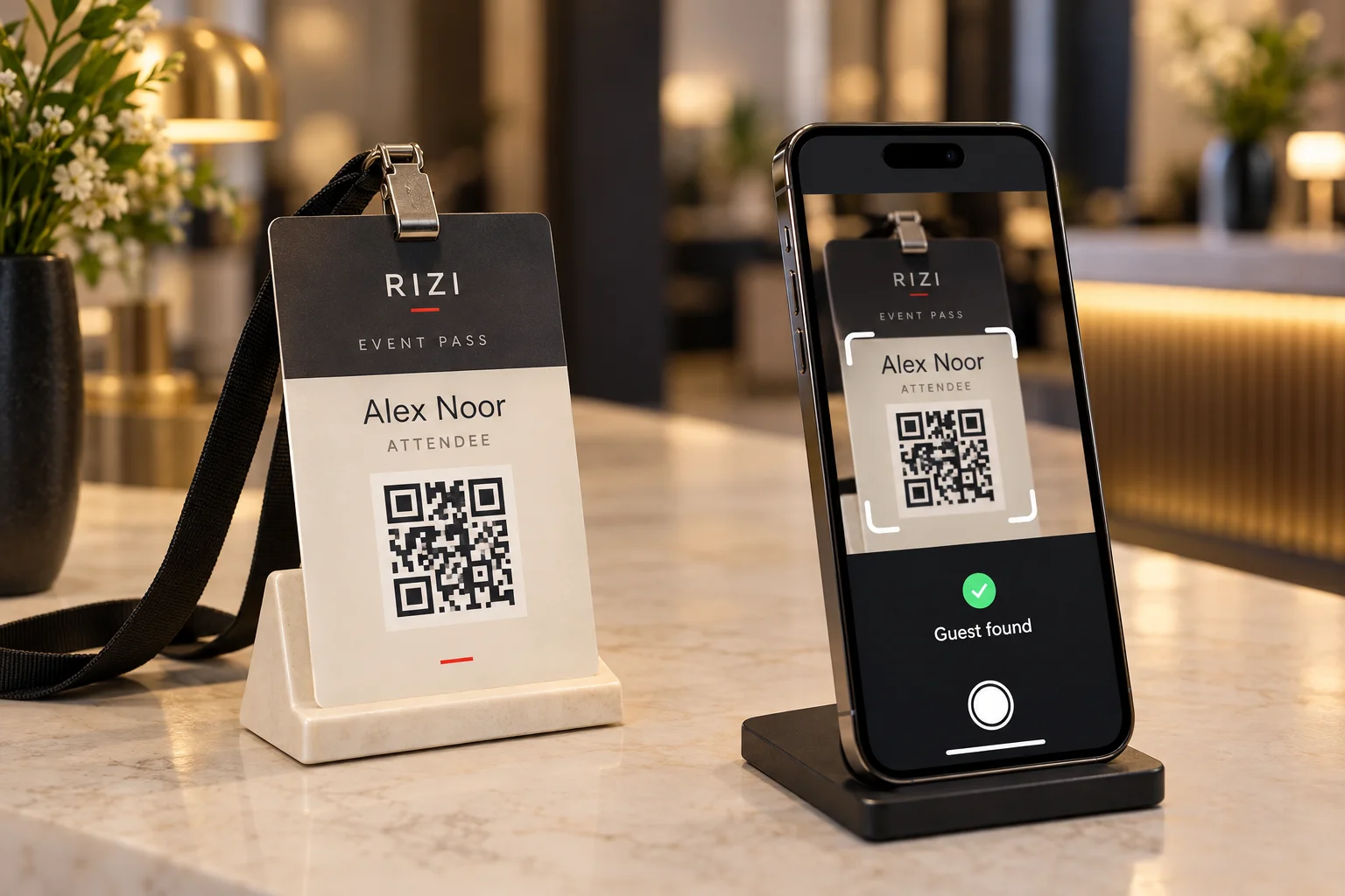 هاتف يعرض إطار مسح QR بجانب بادج ريزي على حامل