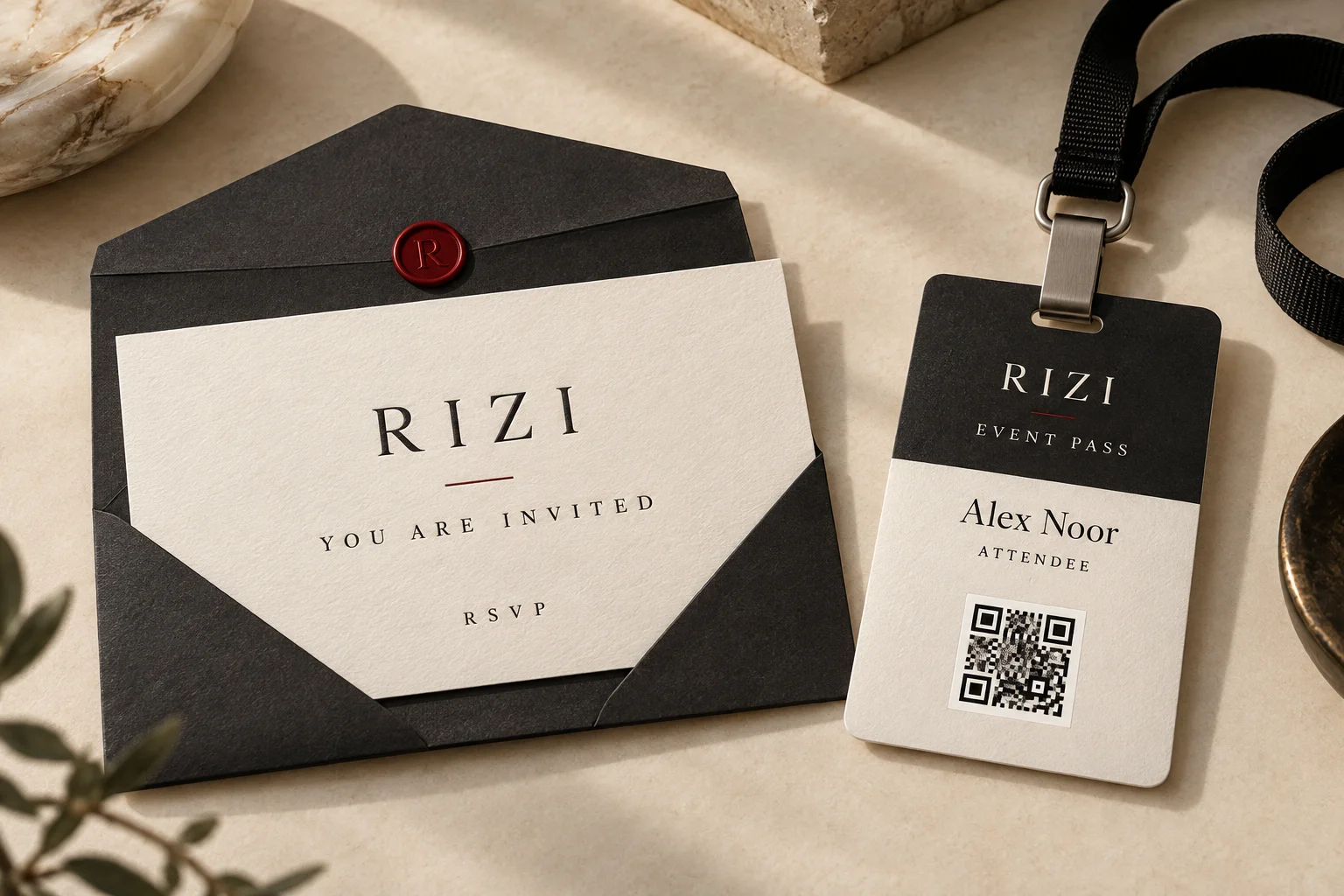 An ivory RSVP invitation and charcoal envelope beside a Rizi badge and lanyard