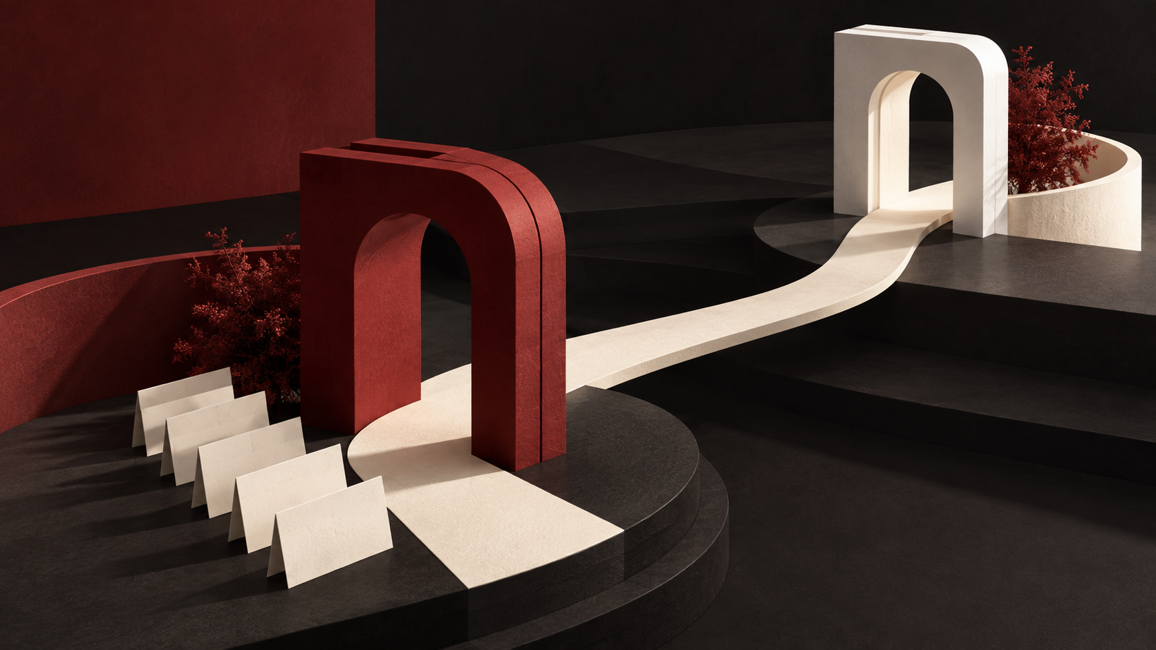 Crimson and ivory architectural arches joined by a curved white path, with blank folded cards on a dark stepped base.